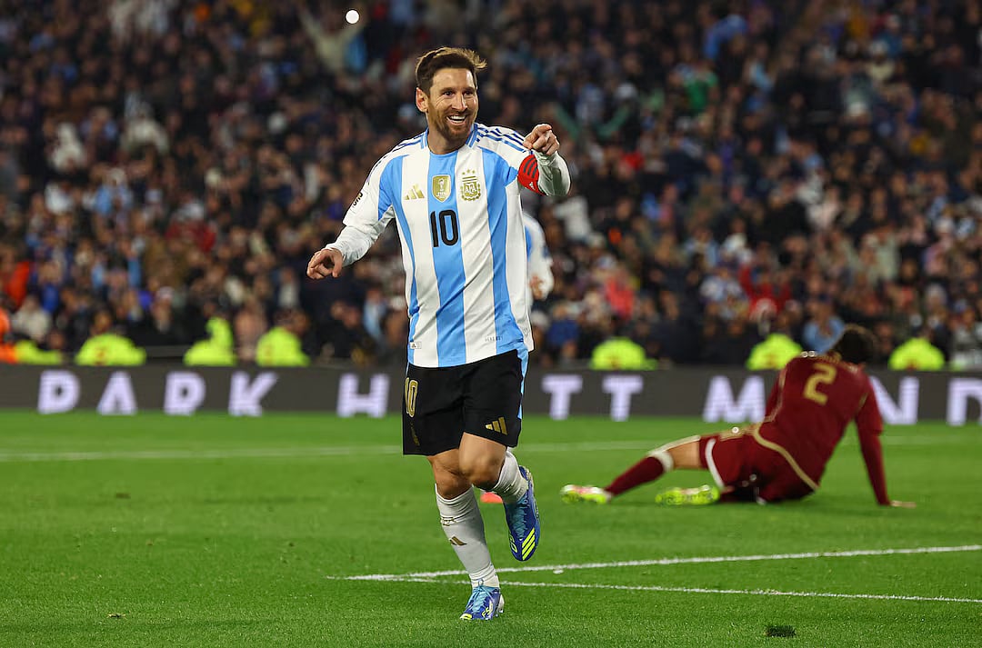 Football - World Cup - CONMEBOL Qualifiers - Argentina v Venezuela - Estadio Monumental, Buenos Aires, Argentina - 4 September, 2025 Argentina's Lionel Messi celebrates scoring their third goal.