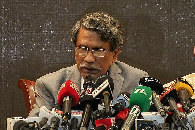 National Consensus Commission vice-chairman Ali Riaz speaks to newspersons at the press conference held at the Foreign Service Academy in Dhaka today