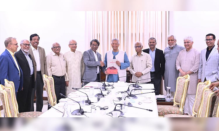 The National Consensus Commission members hand over recommendations on ways to implement the July National Charter to chief adviser professor Muhammad Yunus on 28 October 2025