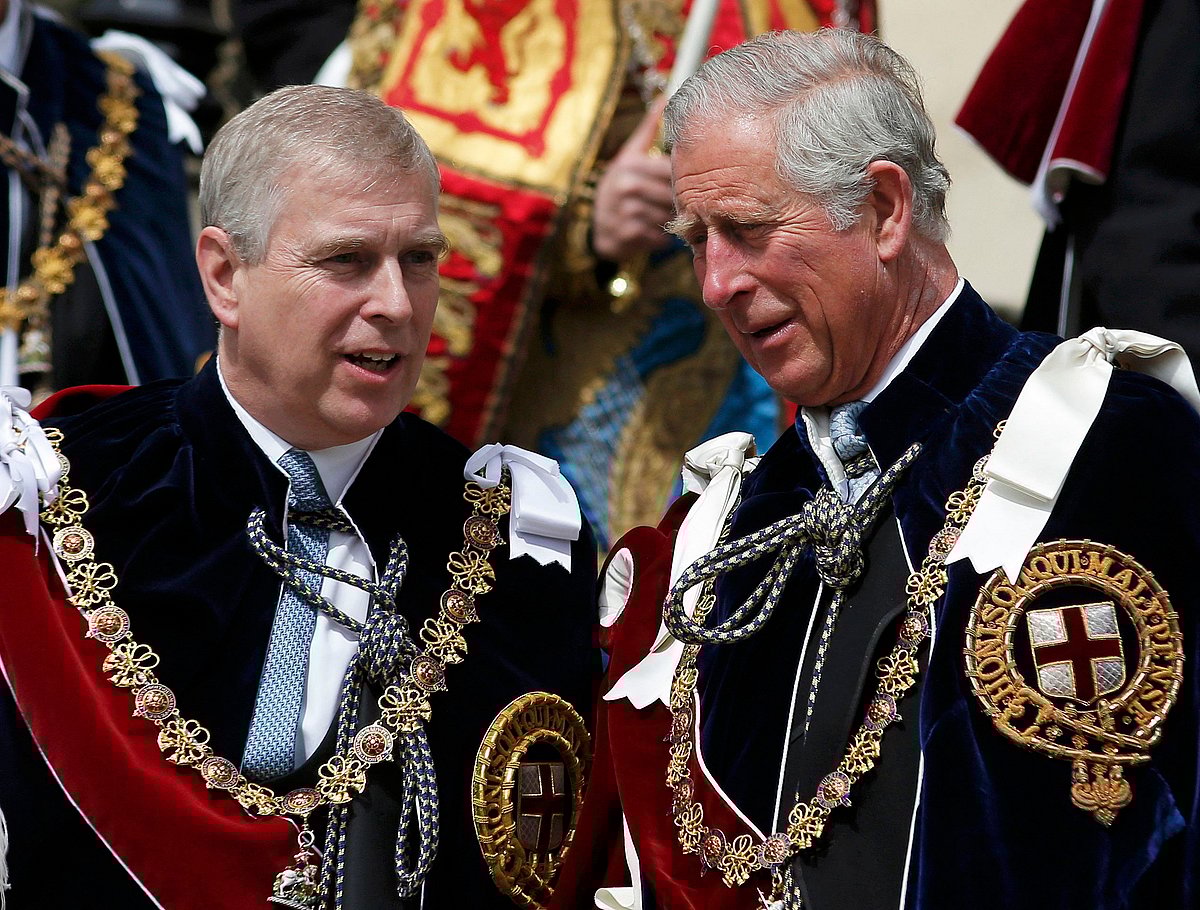 Britain's Prince Andrew, Duke of York (L) and Britain's Prince Charles, Prince of Wales attend the Most Noble Order of the Garter Ceremony at Windsor Castle in southern England, on 15 June, 2015.