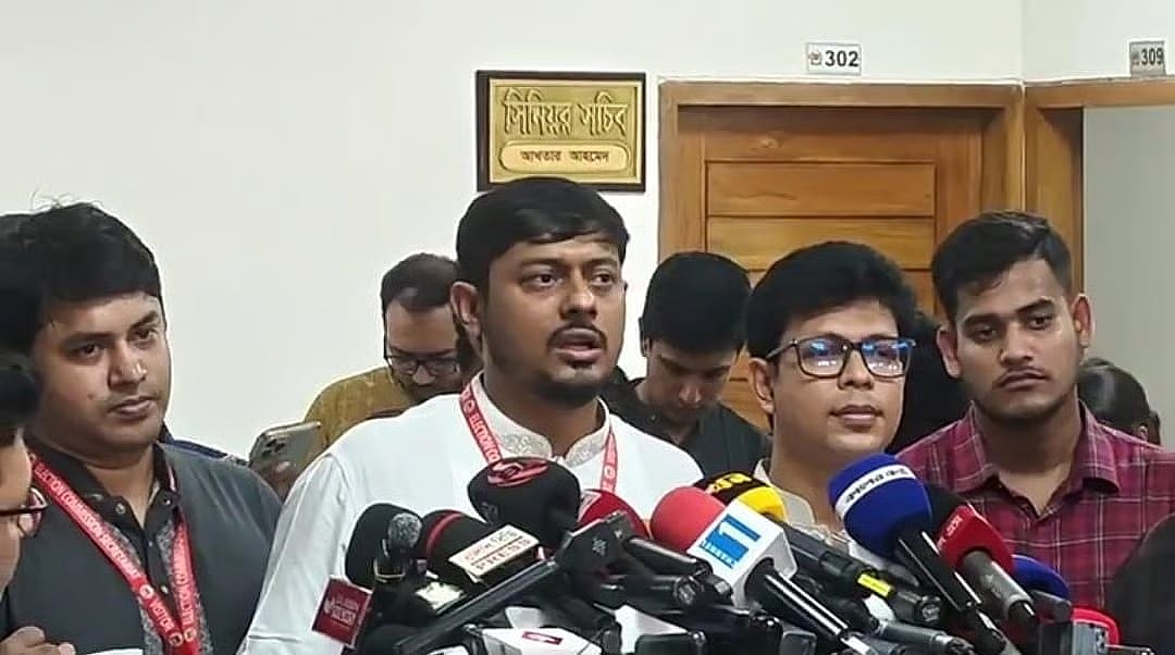 NCP chief coordinator Nasir Uddin Patwary talks to the media