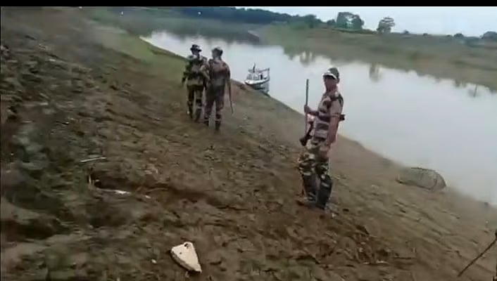 The BSF members are seen inside the Bangladesh border in Jakiganj, Sylhet