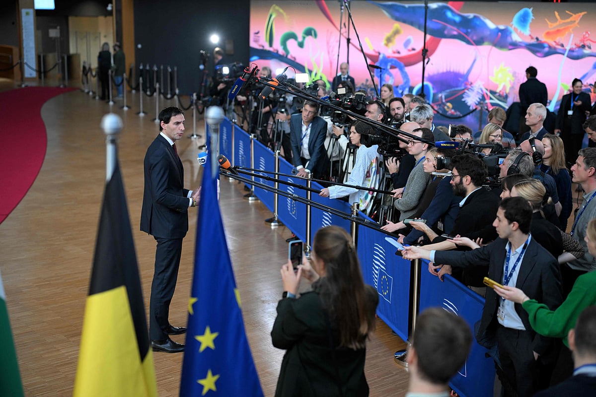 EU Commissioner for Climate, Net Zero and Clean Growth Wopke Hoekstra gives a press statement during an Environment Council in Brussels on 4 November, 2025