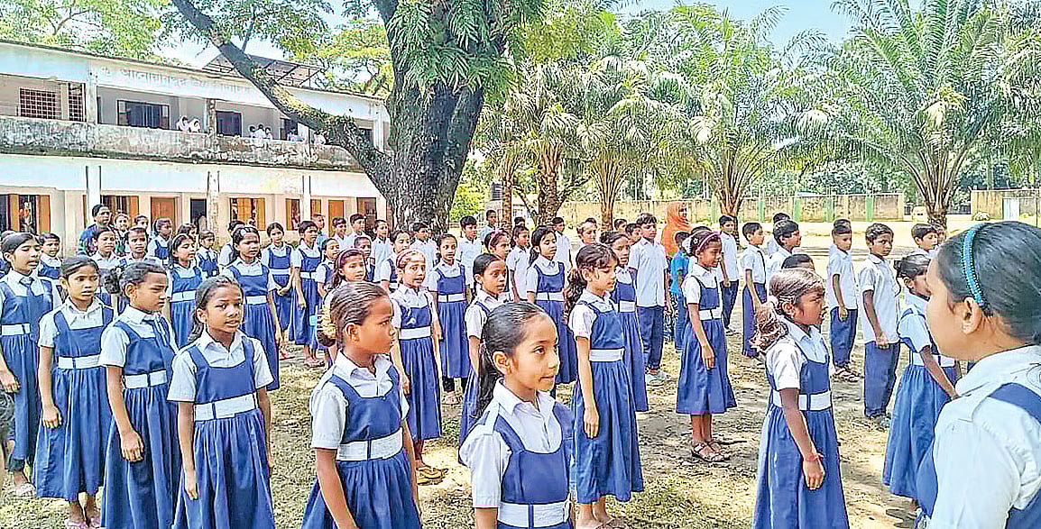 Children join the daily assembly of Anwarpur Government Primary School in Tahirpur Upazila, Sunamganj on 2 November 2025.