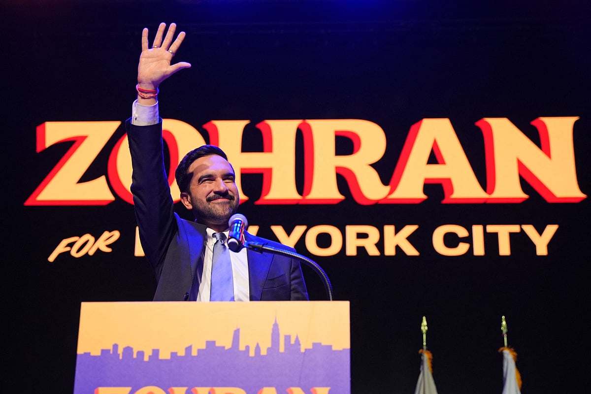 New York City Mayoral candidate Zohran Mamdani celebrates during an election night event at the Brooklyn Paramount Theater in Brooklyn, New York on November 4, 2025. New Yorkers elected leftist Zohran Mamdani as their next mayor 4 November, 2025