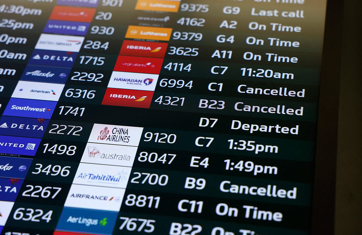 Cancelled flights are displayed on a departures board at San Francisco International Airport (SFO) on 7 November 2025 in San Francisco, California, USA.
