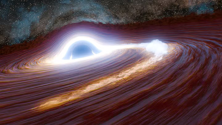 Artist's impression shows a star, with a mass at least 30 times the mass of the sun, being shredded in a phenomenon called a tidal disruption event after it strayed too close to a supermassive black hole, with a mass roughly 300 million times that of the sun, in a galaxy located more than 11 billion light-years from Earth.