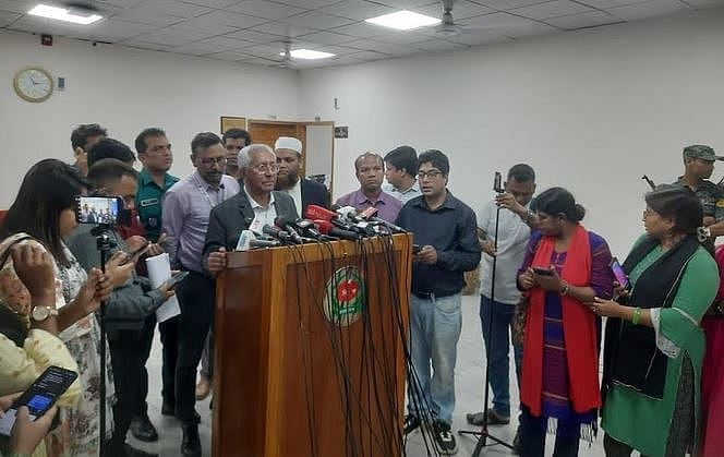 Election Commission (EC) Senior Secretary Akhtar Ahmed speaks to reporters at his office at Nirbachan Bhaban in Agargaon, Dhaka on 9 November 2025.