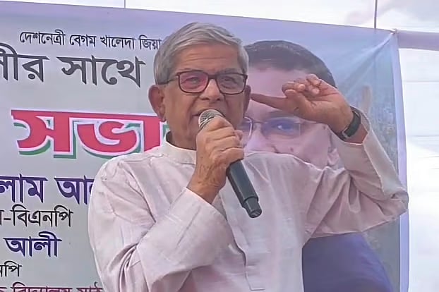 BNP secretary general Mirza Fakhrul Islam Alamgir addresses a view exchange meeting organised by the BNP in Baragaon Union of Thakurgaon Sadar Upazila today, Tuesday.