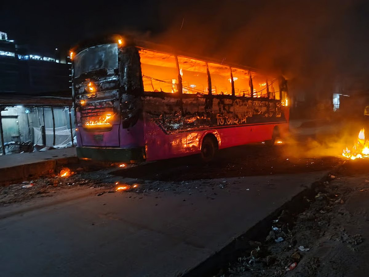Miscreants set fire to a parked bus by the Dhaka-Tangail highway in Bhogra Peyarabagan area of Gazipur early morning on 12 November 2025