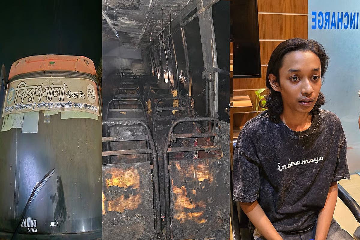 The bus damaged in an arson attack in Mirpur. The bus was set on fire Thursday night. One person has been detained in connection with the incident.