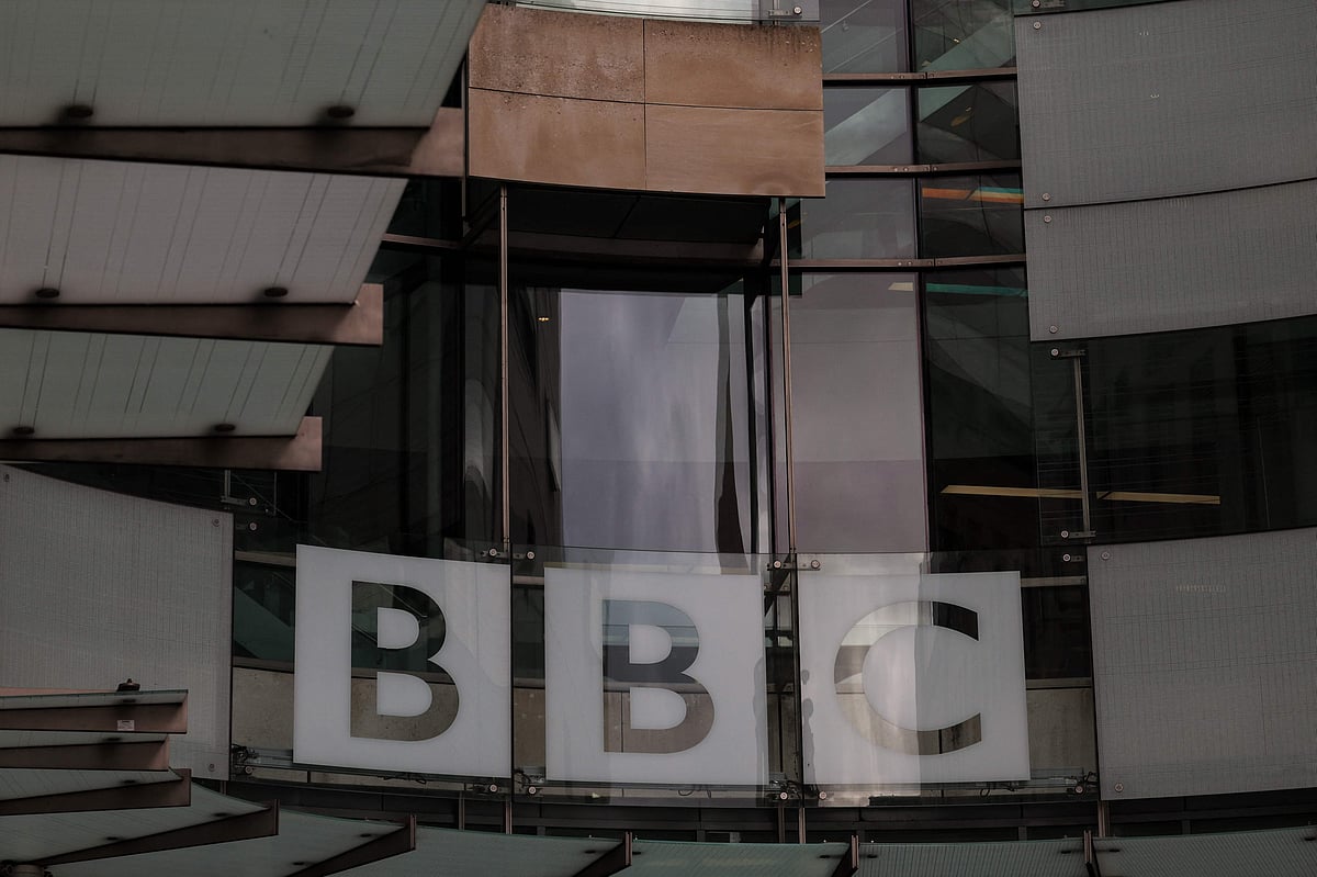 The logo of British broadcaster BBC is pictured at the entrance to their offices in London on 11 November, 2025.
