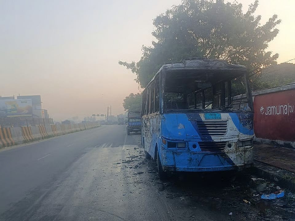 Miscreants set a bus on fire on Dhaka-Chattogram Highway at Shimrail in Siddhirganj upazila of Narayanganj early on 15 November 2025.