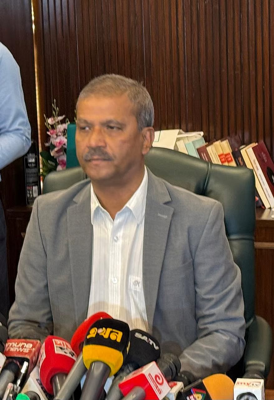 Law adviser professor Asif Nazrul talks to the media at the secretariat to share his immediate reaction to journalists following the announcement of the verdict in the case against Sheikh Hasina on 17 November 2025