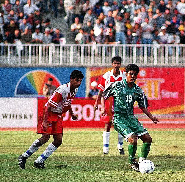 An official football match between Bangladesh and India in 1999 edition SAFF Football Championship
