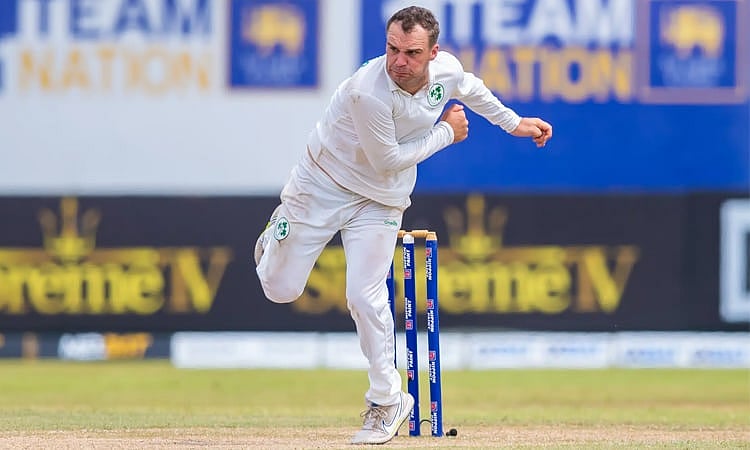 Ireland off-spinner Andy McBrine in action in the match against Bangladesh at Sher-e-Bangla National Cricket Stadium, Mirpur, Dhaka on 19 November 2025