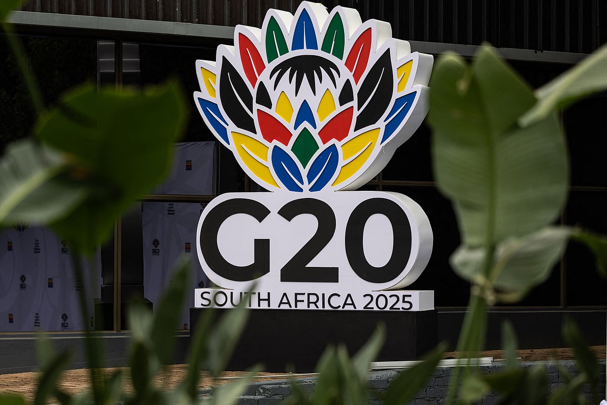 A general view of the G20 South Africa 2025 logo ahead of the G20 leader’s summit at the Nasrec Expo Centre in Johannesburg on 18 November 2025