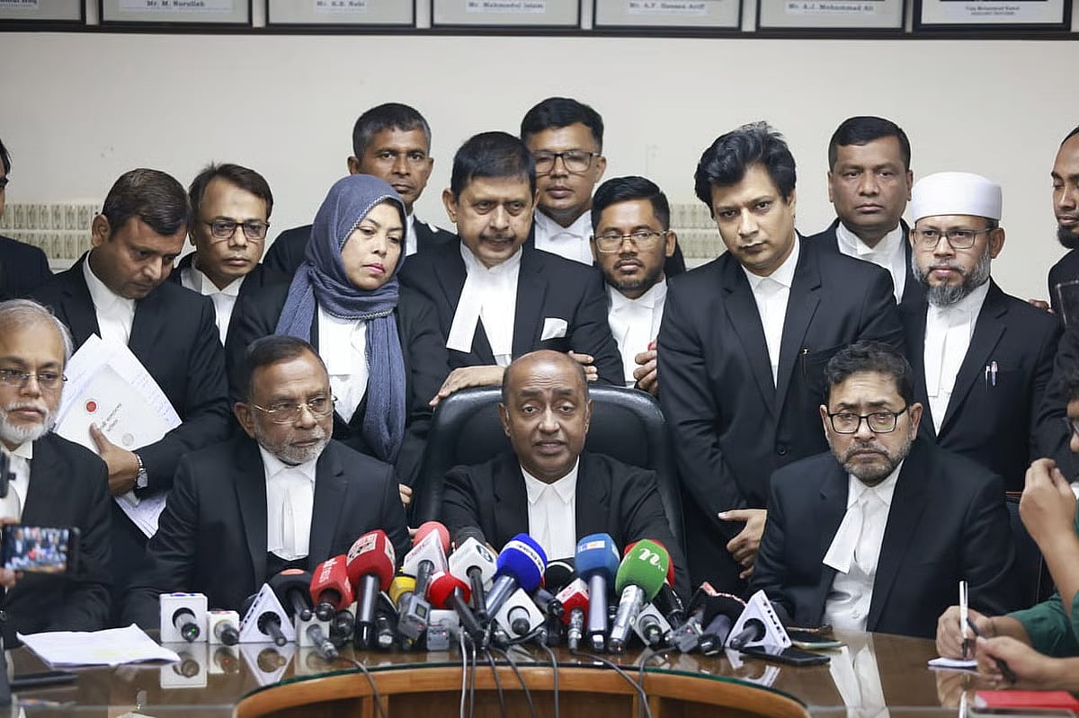 Attorney general Md Asaduzzaman addresses a press conference at his Supreme Court office on 20 November 2025