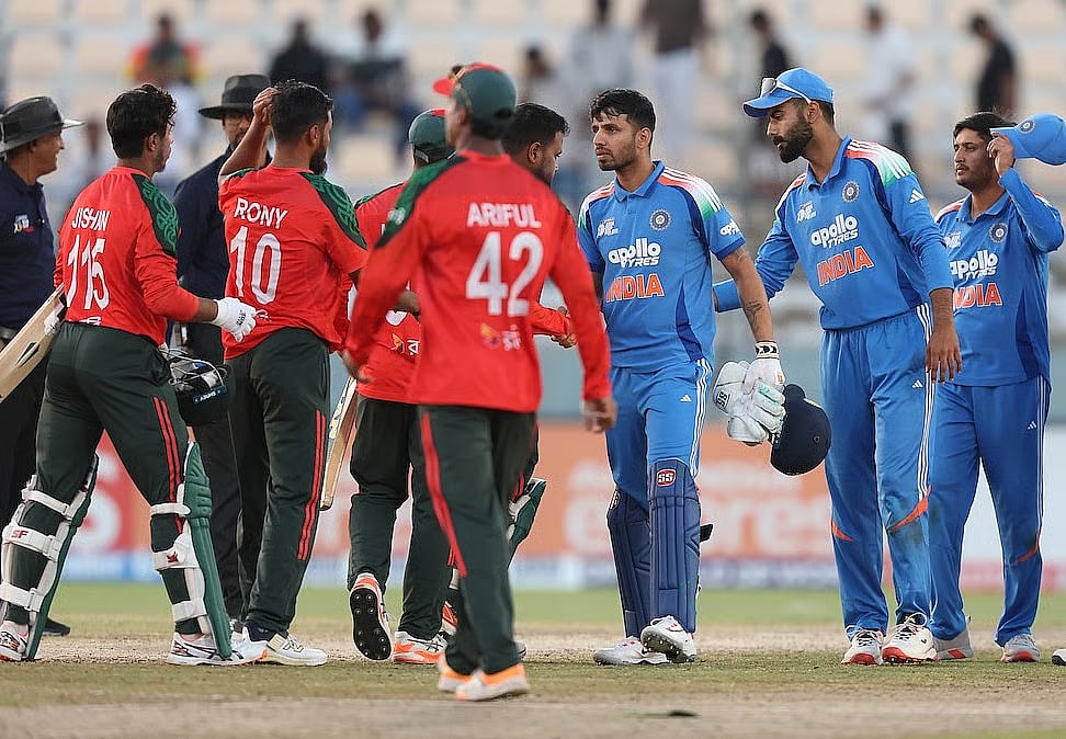 Players of Bangladesh A and India A shake hands after the semi-final match of Asia Cup Rising Stars at Doha in Qatar on 21 November 2025