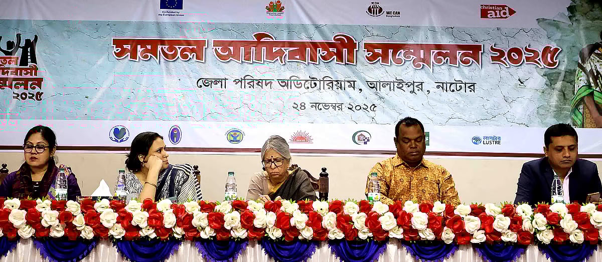 Amrai Pari chairperson Sultana Kamal addresses the ‘Plains Indigenous Conference 2025’, held at the Natore District Council auditorium on 24 November 2025