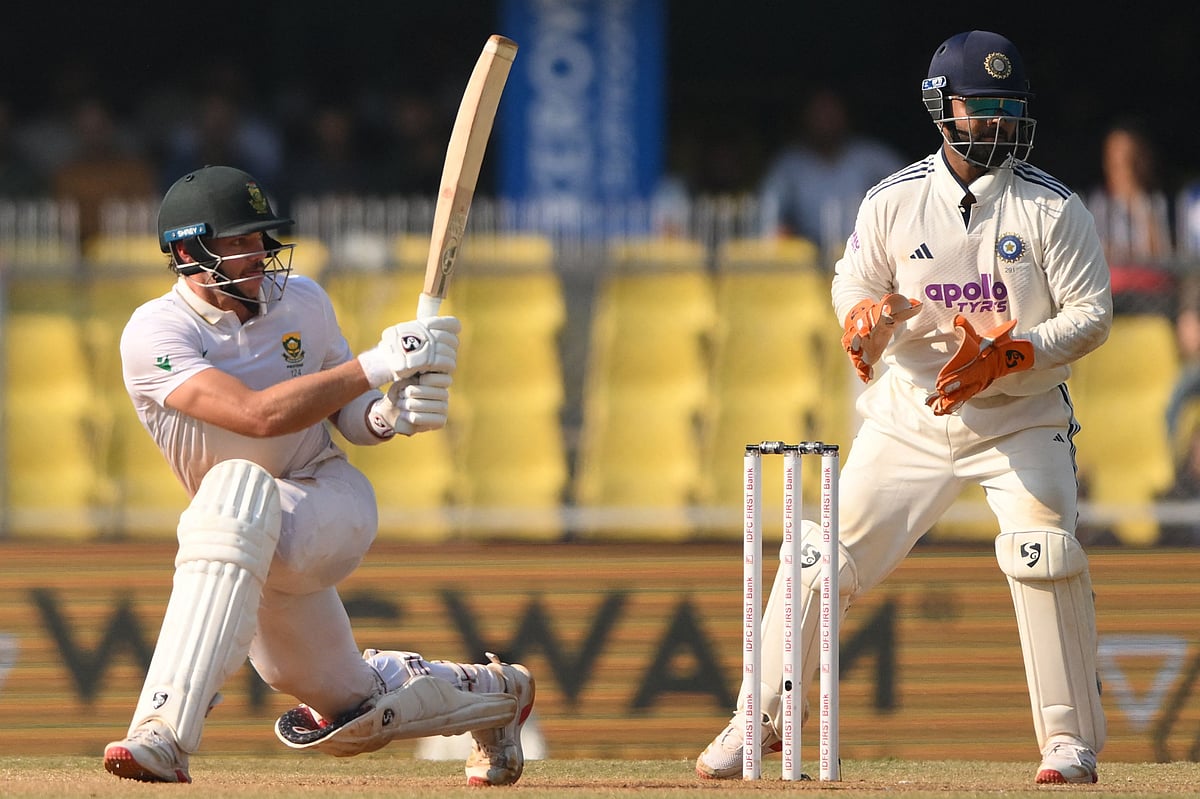 South Africa's Tristan Stubbs plays a shot during the fourth day of the second Test cricket match between India and South Africa at the Barsapara Cricket Stadium in Guwahati on November 25, 2025