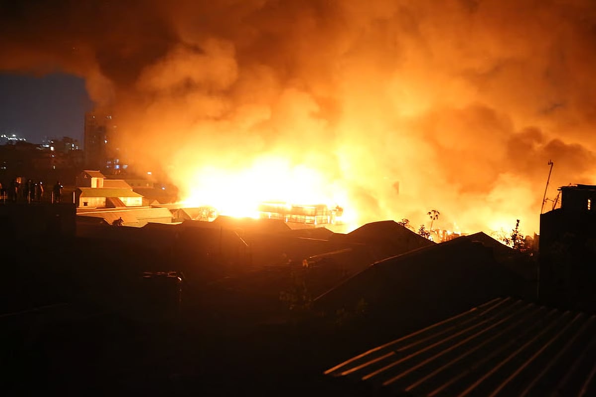 A fire breaks out in the Karail slum in Dhaka's Mohakhali area on 25 November 2025.