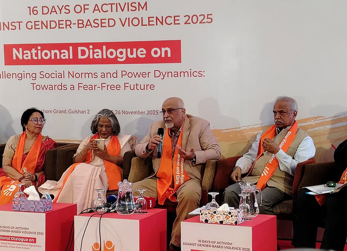 Debapriya Bhattacharya, distinguished fellow of Centre for Policy Dialogue (CPD) and Convenor of Citizens’ Platform, speaks at a dialogue organised by Manusher Jonno Foundation (MJF) in Dhaka on 2 6 November 2025.