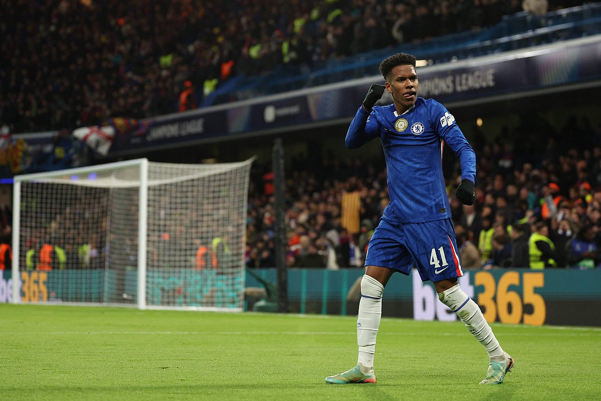 Chelsea's Brazilian midfielder #41 Estevao celebrates after scoring their second goal during the UEFA Champions League league-phase football match between Chelsea and Barcelona at Stamford Bridge in London on 25 November, 2025