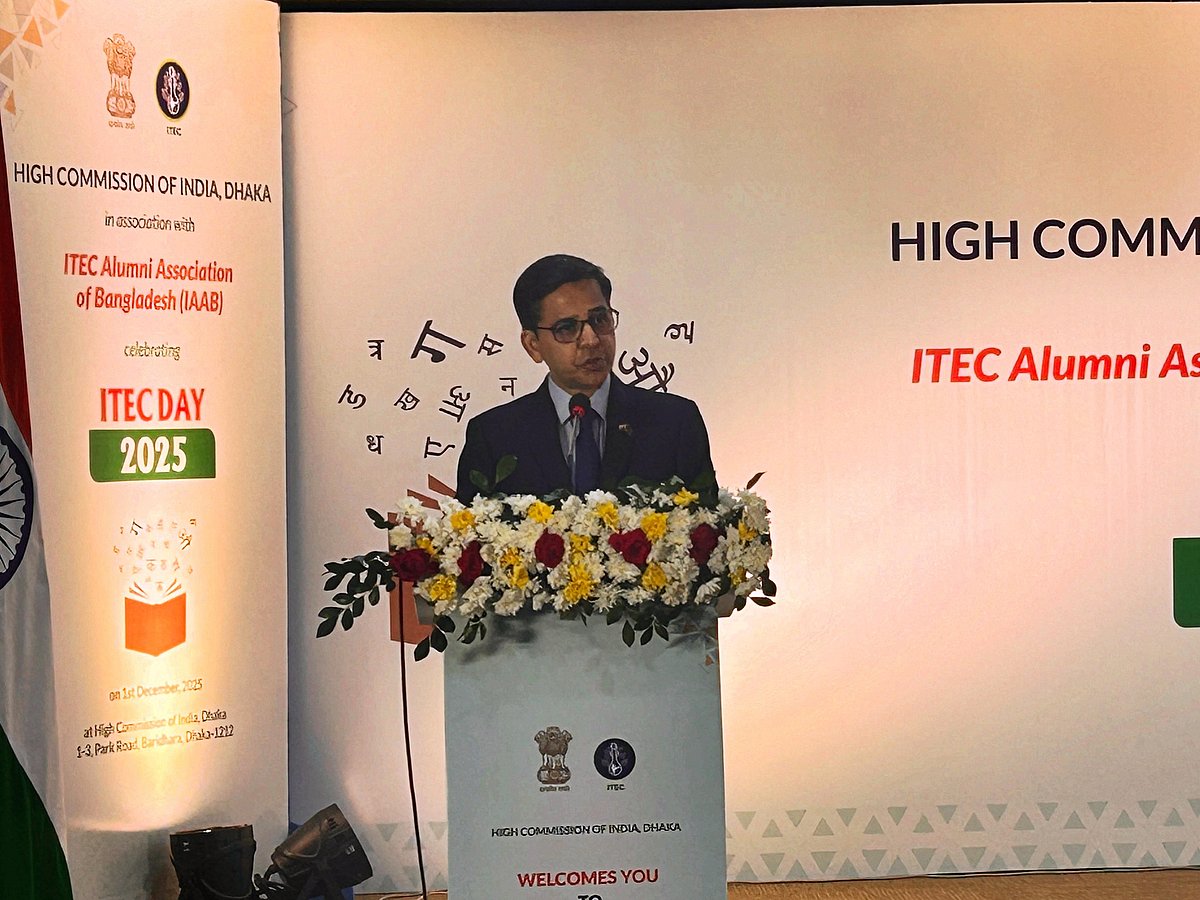 Indian high commissioner Pranay Verma addresses the reception-cum-get together to mark the Indian Technical and Economic Cooperation Day (ITEC Day 2025) held on the High Commission premises, Dhaka on 1 December 2025