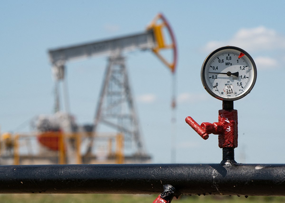 A view shows a pressure gauge near oil pump jacks outside Almetyevsk, in the Republic of Tatarstan, Russia on 14 July 2025.