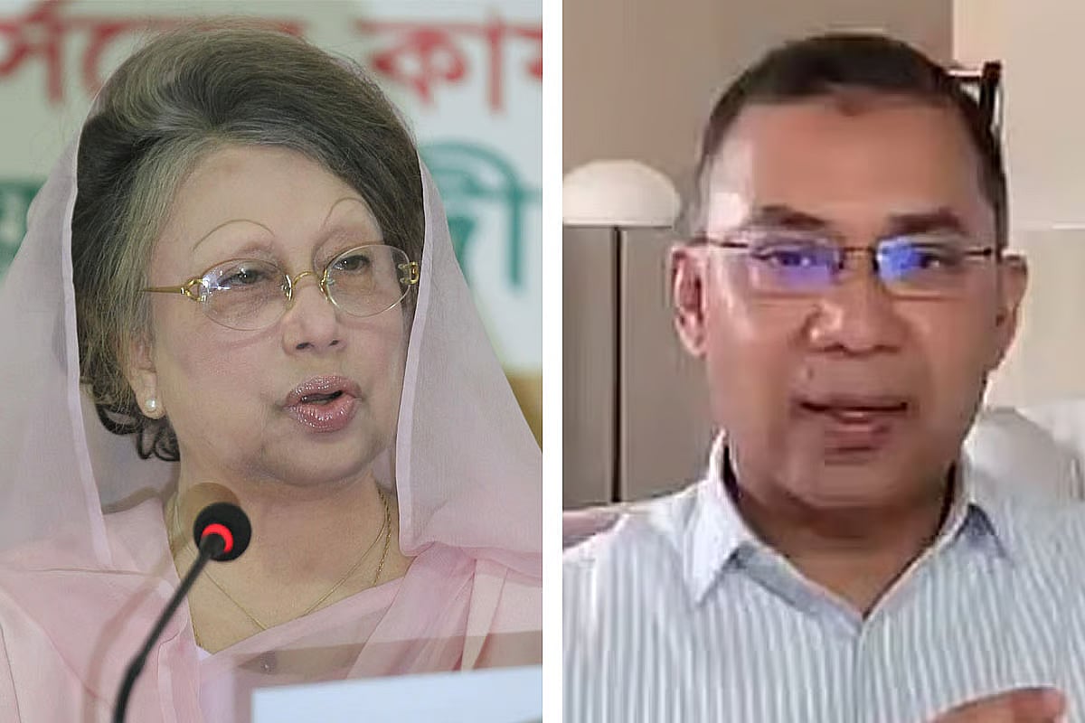 BNP chairperson Khaleda Zia (L) and acting chairman Tarique Rahman