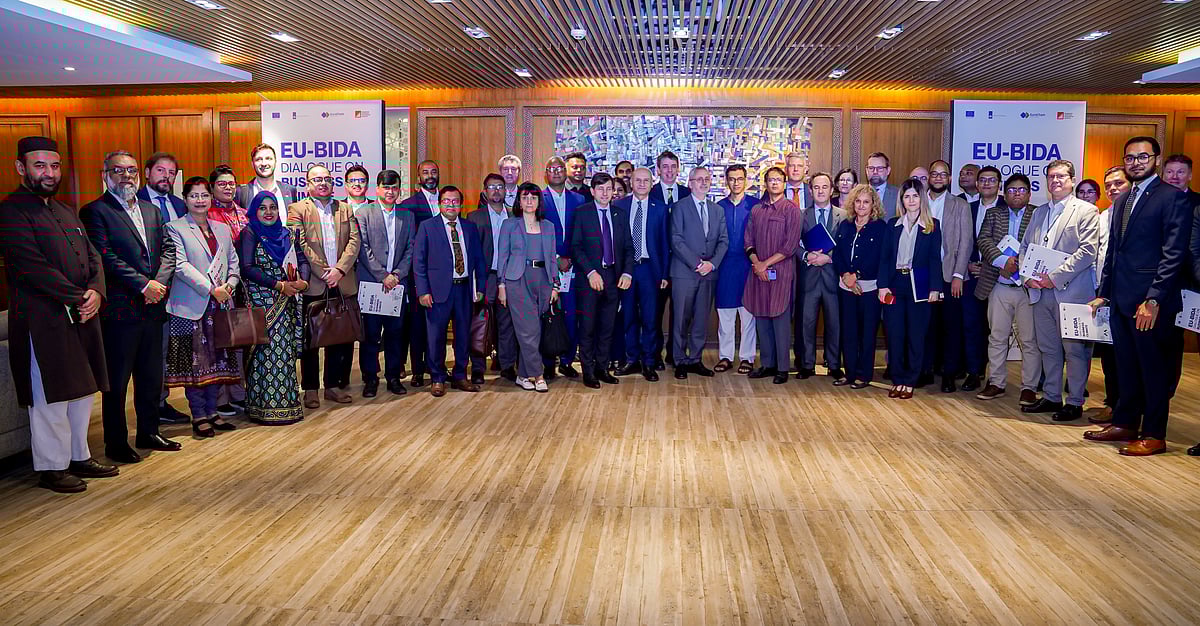 Participants at a high‑level EU–BIDA Dialogue on Business Climate at the BIDA Conference Room, Dhaka on 1 December 2025