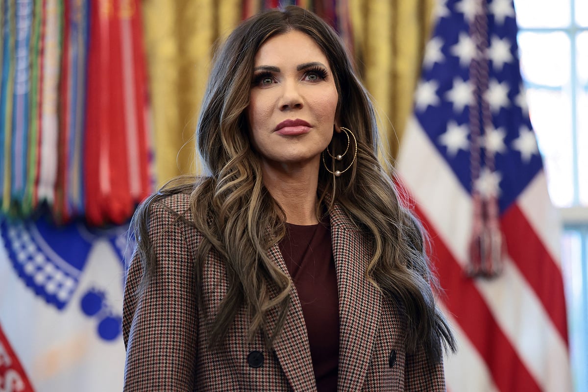 US Homeland Security Secretary Kristi Noem looks on as US President Donald Trump (not pictured) meets with the White House Task Force on the FIFA World Cup 2026 in the Oval Office at the White House in Washington, DC, US, 17 November 2025.
