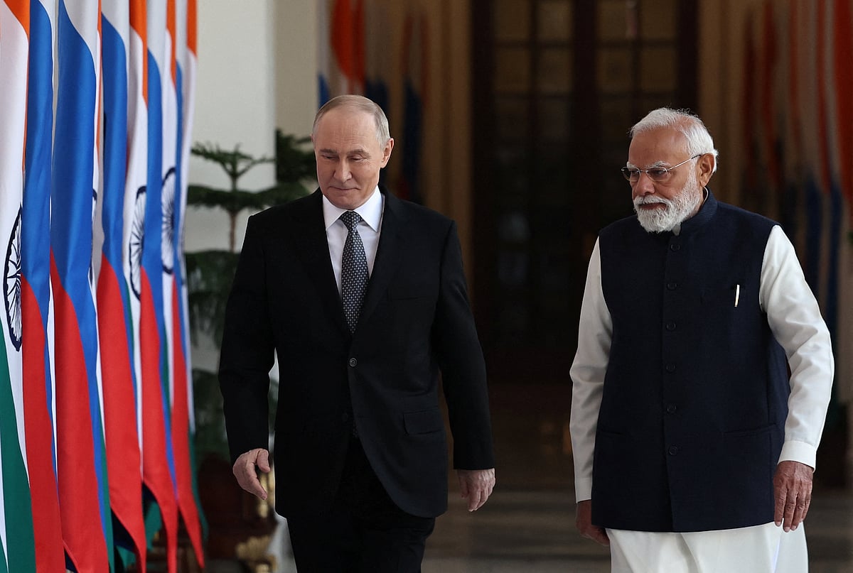 Russia's President Vladimir Putin and India's Prime Minister Narendra Modi walk ahead of their talks in New Delhi, India, 5 December 2025.