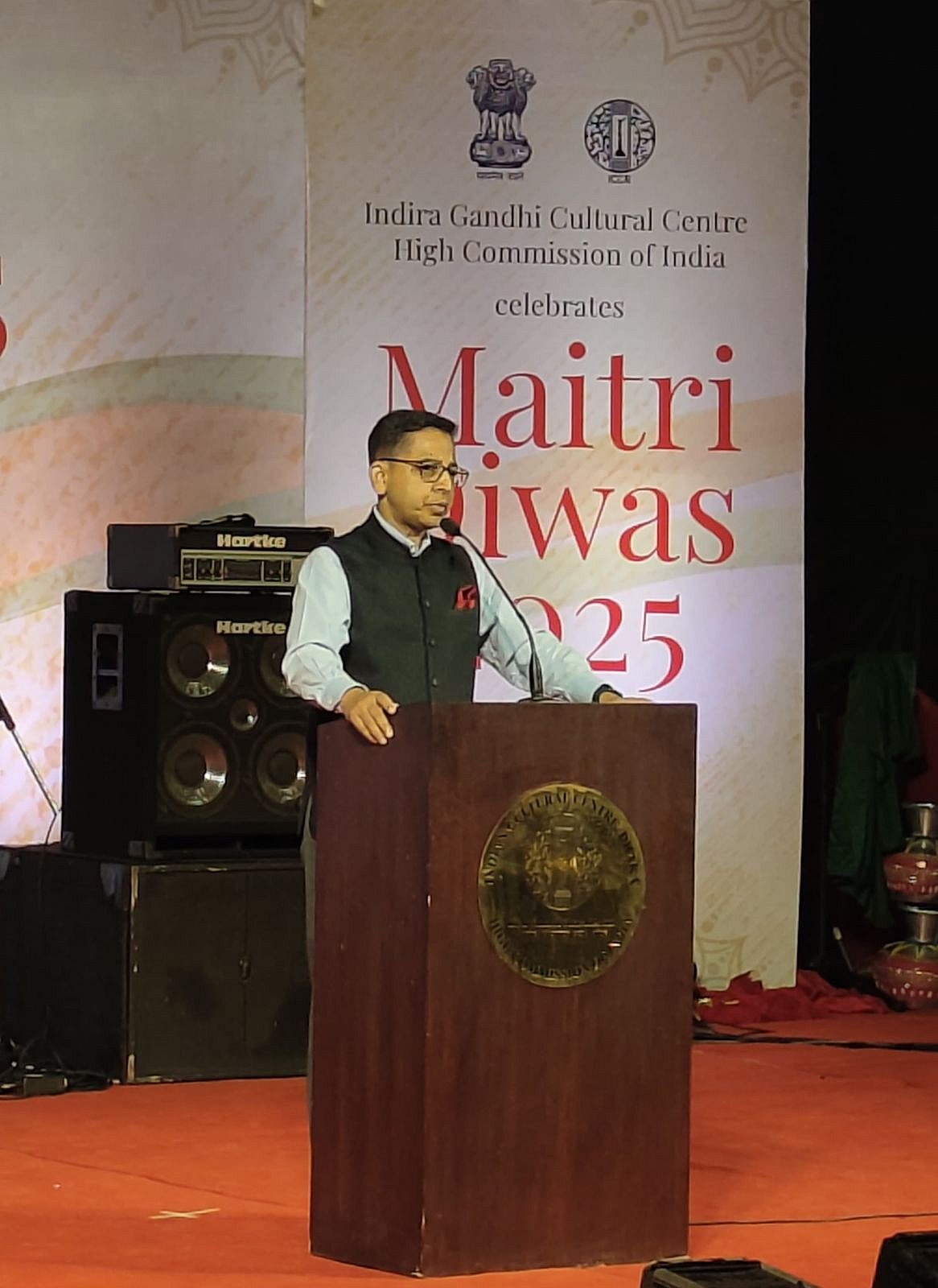 High Commissioner Pranay Verma, Indian envoy in Dhaka, speaks at the celebration to mark the 54th anniversary of the Maitri Diwas-2025 on 6 December