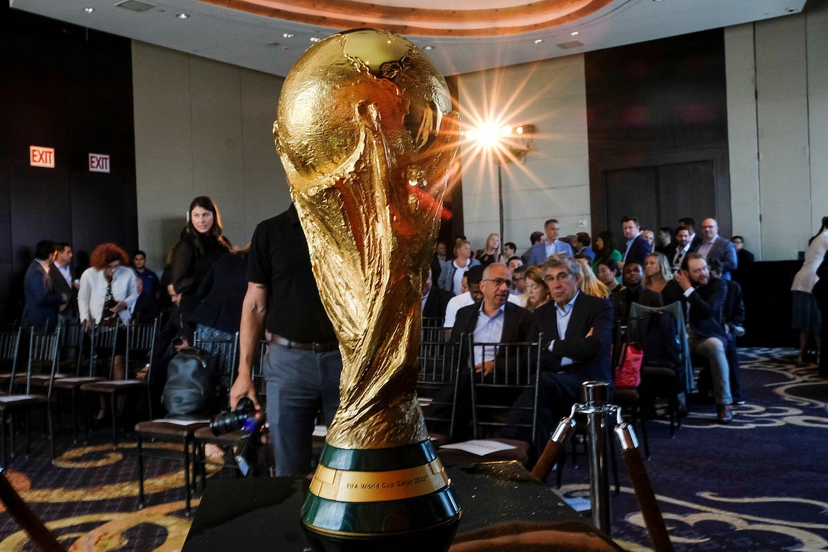 The Official FIFA World Cup Trophy is seen before a news conference in New York City, New York, U.S., 17 June 2022.