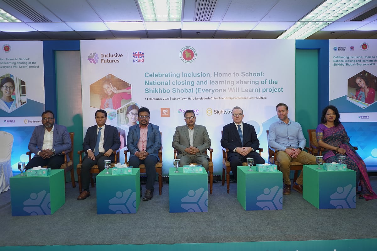Guests at the 'Home to School – Celebrating Inclusion: National closing ceremony of the Shikhbo Shobai (Everyone Will Learn) project' at the Bangladesh-China Friendship Conference Centre in Dhaka on 11 December 2025.
