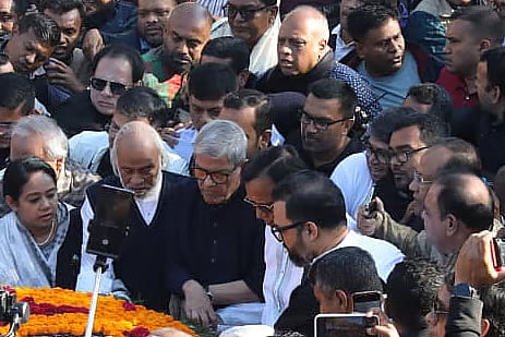 BNP leaders pay tribute by laying wreaths at the Martyred Intellectuals Memorial in Mirpur, Dhaka.