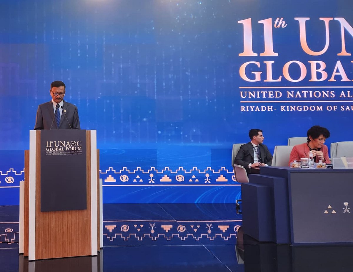 Foreign Adviser Md Touhid Hossain speaks at the Global Forum of the United Nations Alliance of Civilizations (UNAOC) in Riyadh, Saudi Arabia on 15 December 2025.
