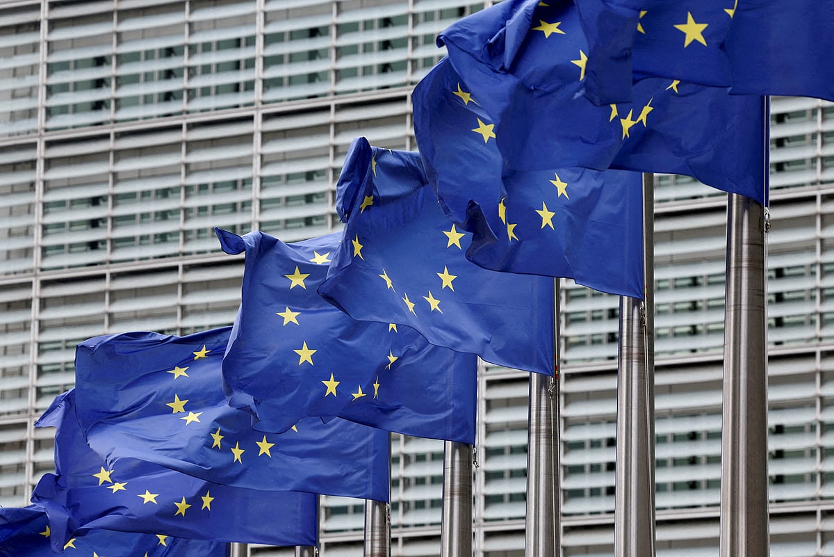 European Union flags flutter outside the EU Commission headquarters in Brussels, Belgium on 16 July 2025.