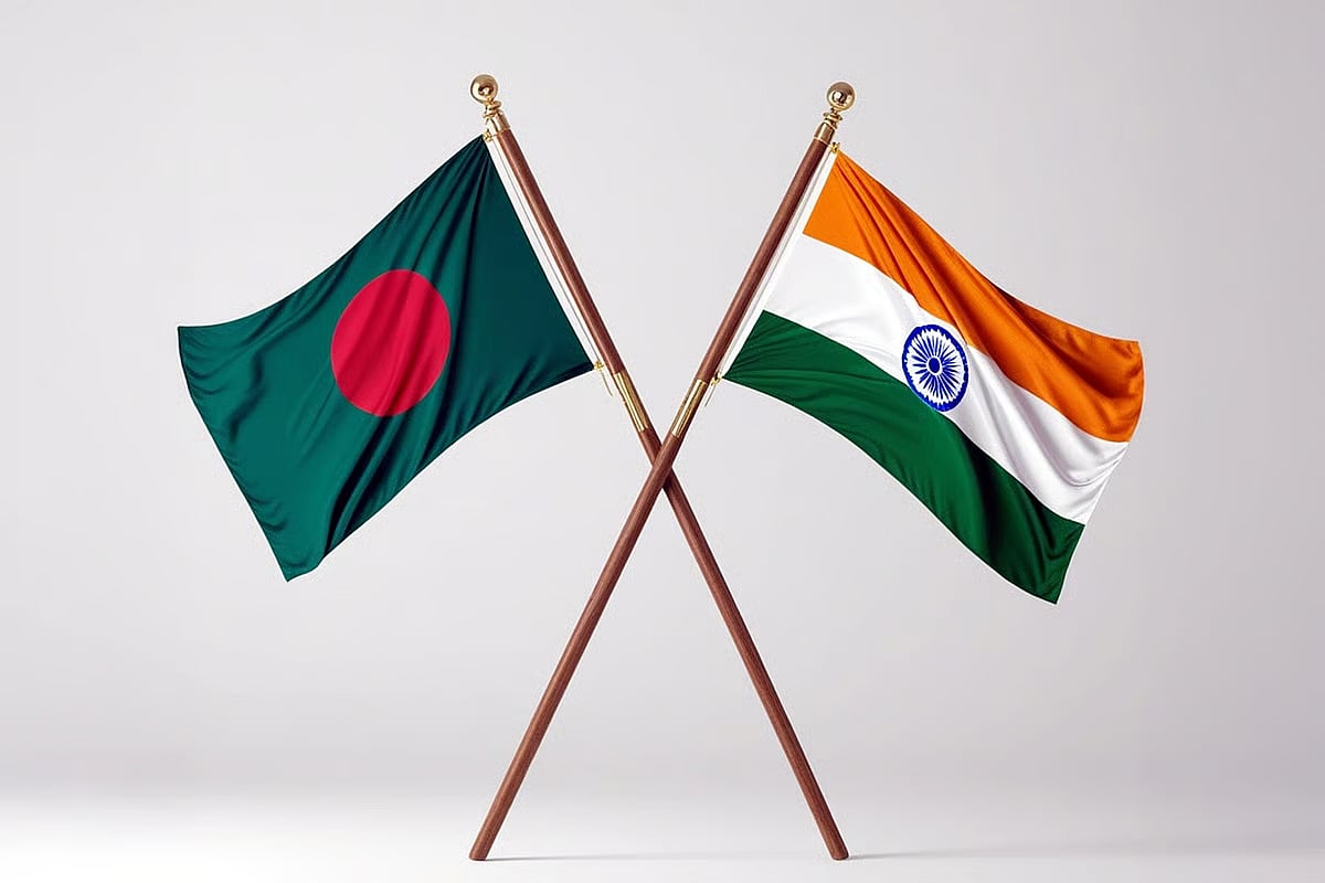 Photo shows flags of Bangladesh and India.