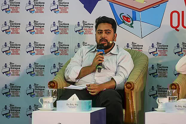 National Citizen Party (NCP) convener Nahid Islam addresses a meeting titled 'Elections Dialogue: Your Party Voter Questions' at the Bangladesh-China Friendship Conference Centre in Sher-e-Bangla Nagar, Dhaka, on Tuesday afternoon.