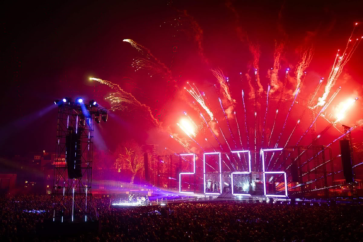 Fireworks explode at Museumplein as part of New Year celebrations in Amsterdam on 1 January 2026