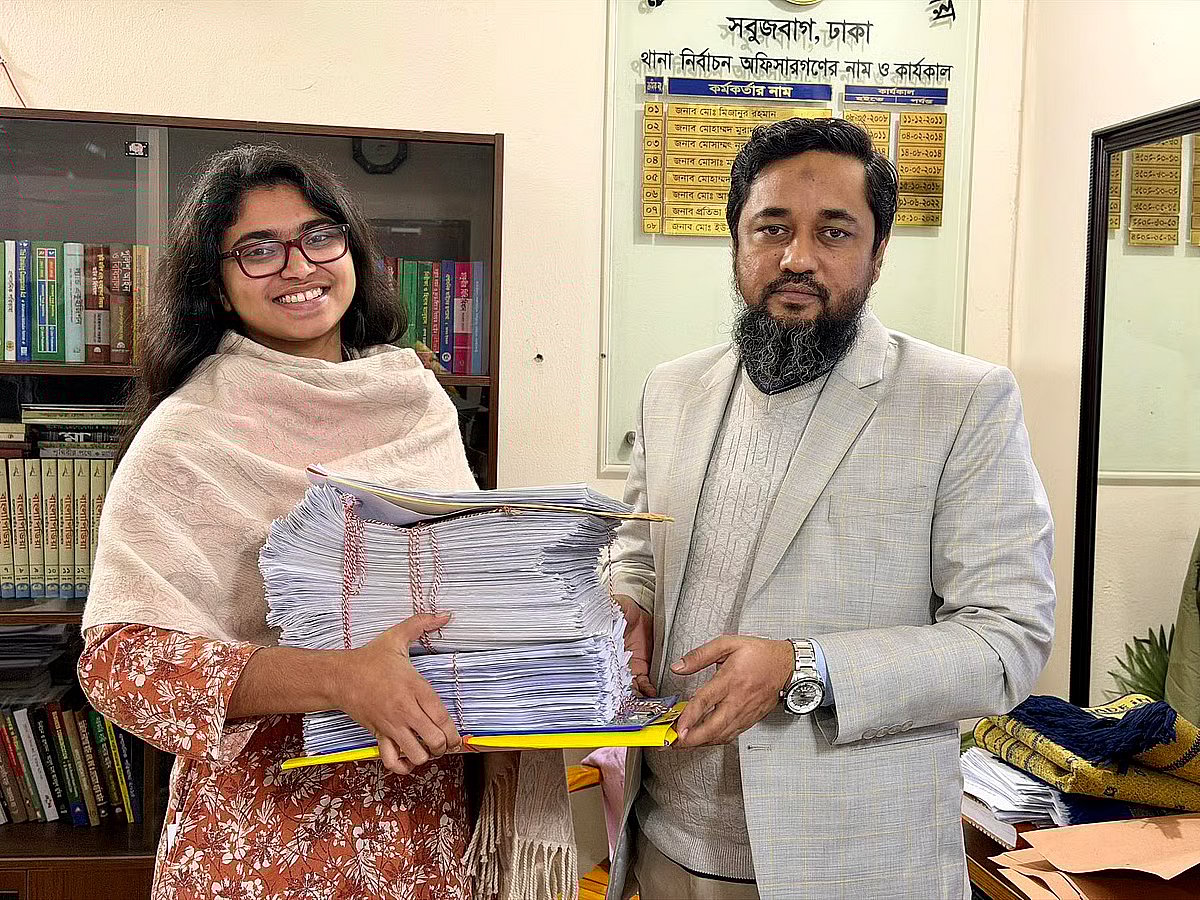 Tasnim Jara submitted her nomination papers at the Sabujbagh election office in the capital on 29 December 2025.