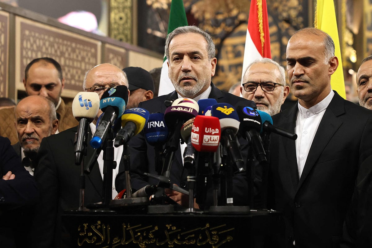 Iran’s Foreign Minister Abbas Araghchi speaks to the press during a visit to the shrine of slain Hezbollah leader Hassan Nasrallah in Beirut's southern suburbs on 8 January, 2026