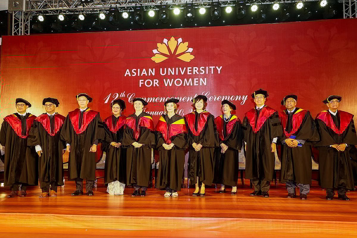 Guests, including seven distinguished individuals who received honorary doctorate degrees at the 12th convocation of the Asian University for Women this afternoon at the Host Hall of Hotel Radisson Blu Chittagong Bayview in Chattogram city.