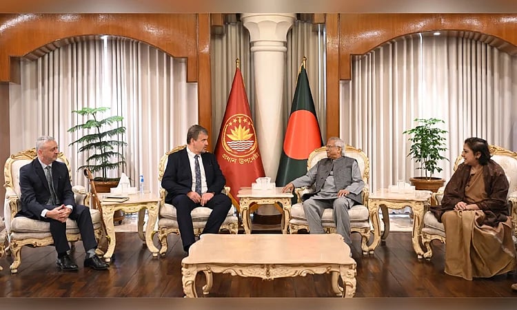 Chief observer of the European Union Election Observation Mission (EU EOM) Ivars Ijabs meets with chief adviser professor Muhammad Yunus at the State Guest House Jamuna on 11 January 2026