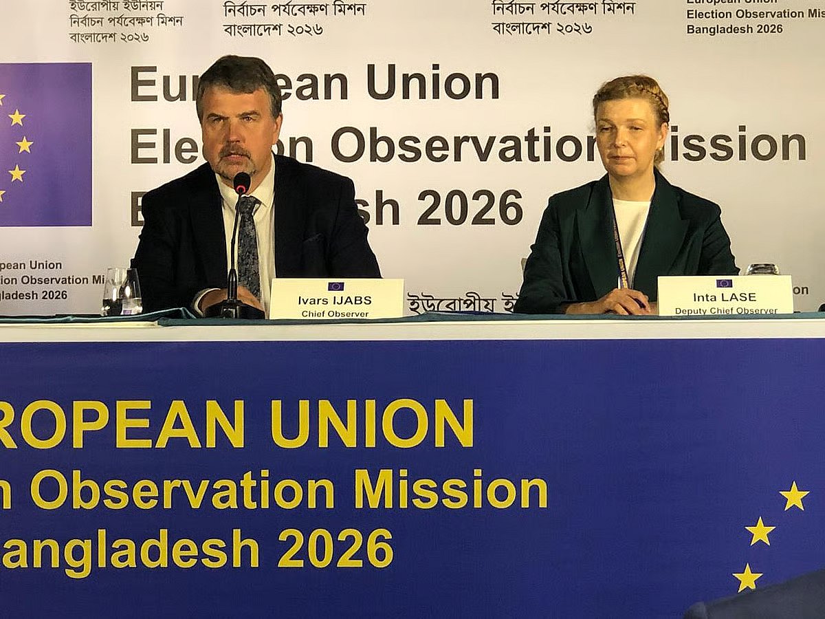 Chief observer of the European Union Election Observation Mission (EU EOM) in Bangladesh, Ivars Ijabs, speaks at a press conference held at a hotel in Dhaka on 11 January 2026
