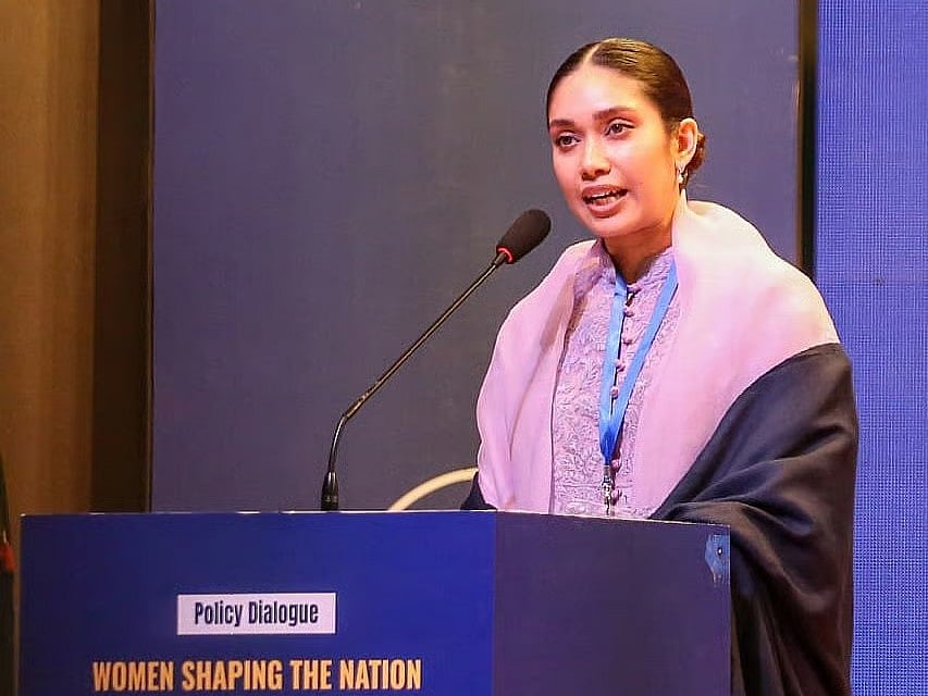 Zaima Rahman speaks at the policy dialogue titled “Women Shaping the Nation: Policy, Possibility and the Future of Bangladesh” at the Krishibid Institution Bangladesh (KIB) auditorium in Dhaka on 19 January 2026.