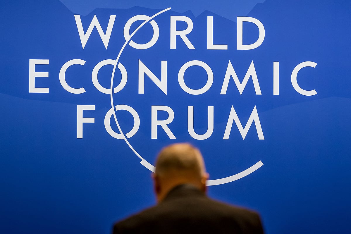 A sign of the World Economic Forum (WEF) is seen at the Congress Centre on its opening day in Davos on 19 January, 2026